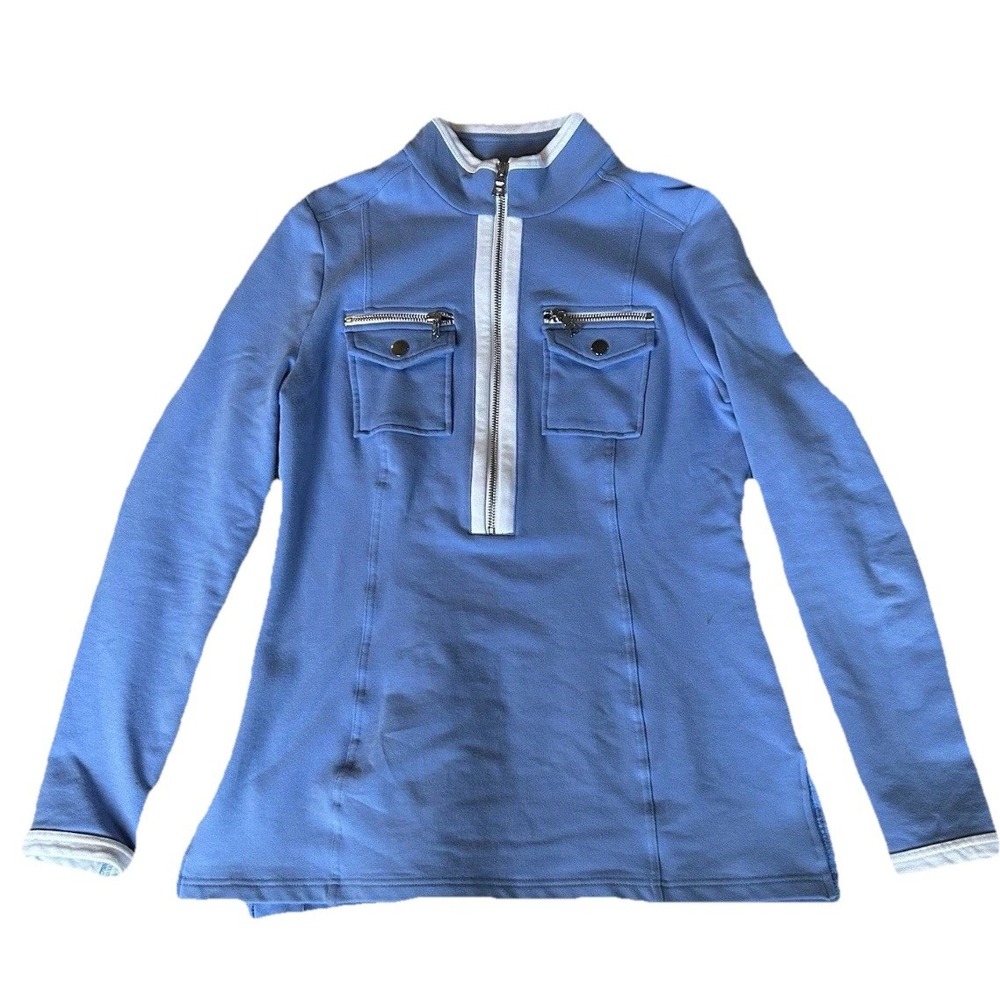 Boston Proper Women's Blue Long Sleeve Zip Top Contrast Trim Pockets Casual S